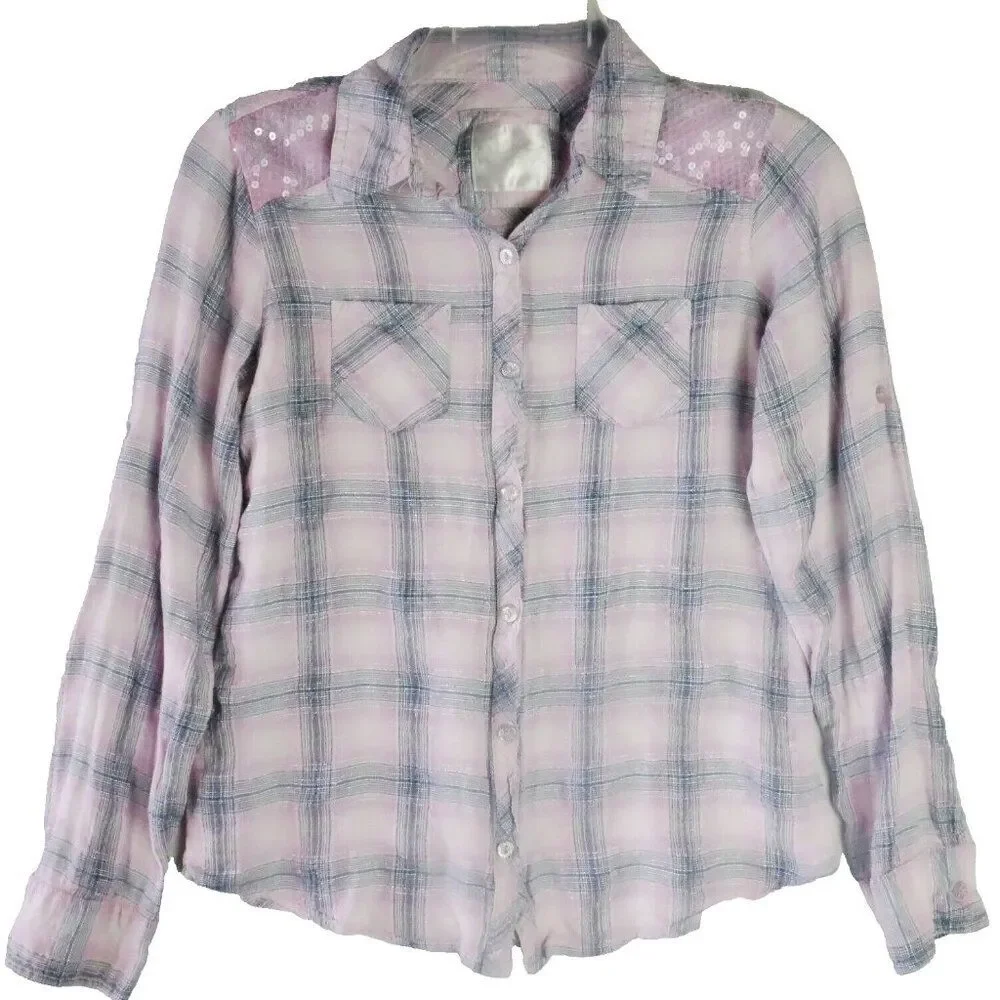 Justice Girls Size 16 Shirt Pink / Gray Plaid Long Sleeve Button Up